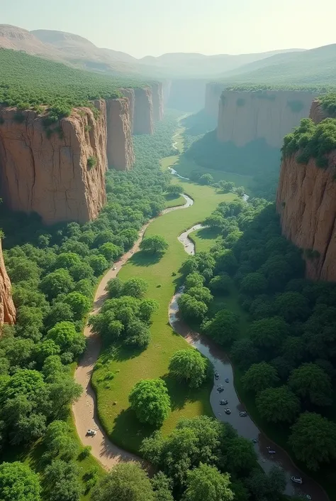 Show western sahara as a green natural preserve, all its border are high natural cliffs of 100m (show from high above)