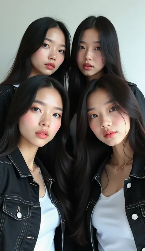 4 Beautiful Korean Chicks,  white, Selfie, white t-shirt outer black denim jacket,  long black jeans ,  black straight hair 