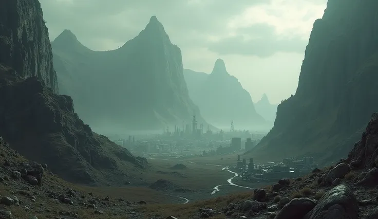 A post Apocalyptic landscape , in the distance is a city built into the side of a rocky  mountain range. Sombre and depressing 