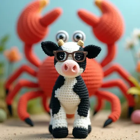 Amigurumi of a black and white Holstein cow with square rimmed glasses,Big crab sign in the background