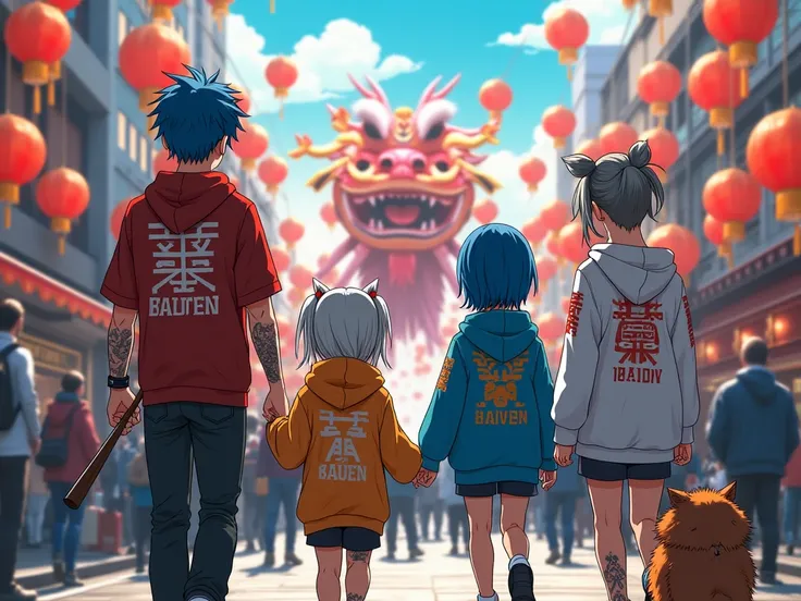 image fixe dans les rue de Tokyo 
une famille de 4 Frere cheveux bleu et gris 
avec des survétement capucher wolf gakuen  avec leurs tatuage et batte de basse-ball avec leurs chien il sont entraint de se balader ont leurs regard fixé vers une gigansteque f...