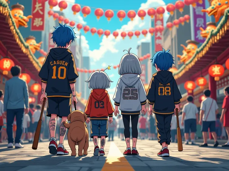 image fixe dans les rue de Tokyo 
une famille de 4 Frere cheveux bleu et gris 
avec des survétement capucher wolf gakuen  avec leurs tatuage et batte de basse-ball avec leurs chien il sont entraint de se balader ont leurs regard fixé vers une gigansteque f...