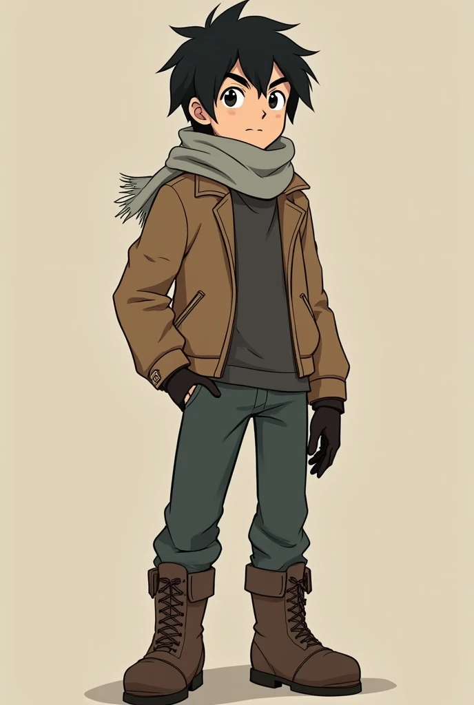  You can create a 20-year-old with worn clothes ,  a dark beige shirt , a brown jacket , leather boots,  leather gloves , a grey scarf,  sandstorm lenses ,  black hair, and that the image has an art style similar to that of the animated series "Dedicated"