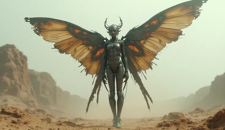 a post-apocalyptic desert scene, a beautiful winged battle-worn and tattered cyberpunk machine fairy standing and looking into the distance, mist swirling around, sombre and depressing atmosphere, highly detailed, intricate machinery, rusted and weathered ...