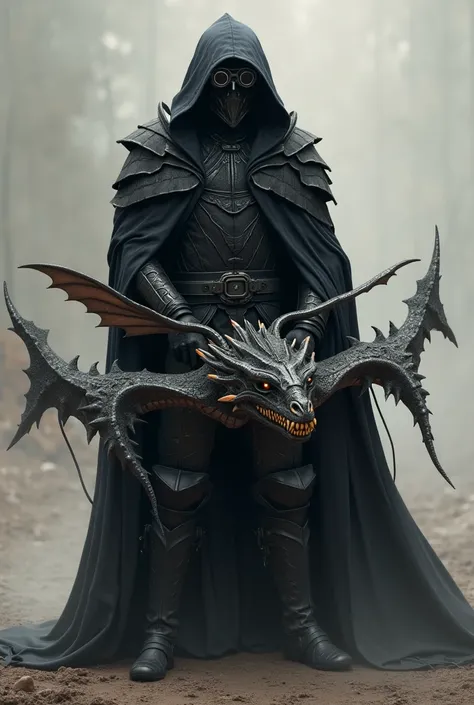 Generate a warrior wearing a large black trench coat , armor and hood . Holding a dragon-shaped Crossbow with wings and round glasses with lots of lenses to see further