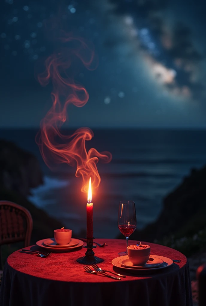 a red candle flickers. the smoke rising from the candle forms a graceful, smoky, ethereal figure of a man of smoke. The scene takes place in at small elegant table set for two. Cliffside overlooking a stunning bright night sky