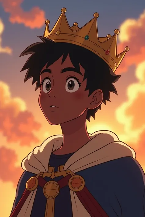 Create a video clip with the theme 'ragazzo di colore che conquista la corona stile anime'. The video should have an anime style, featuring a young black boy who conquers a crown. The script should be adventurous and inspiring, with appropriate music and v...