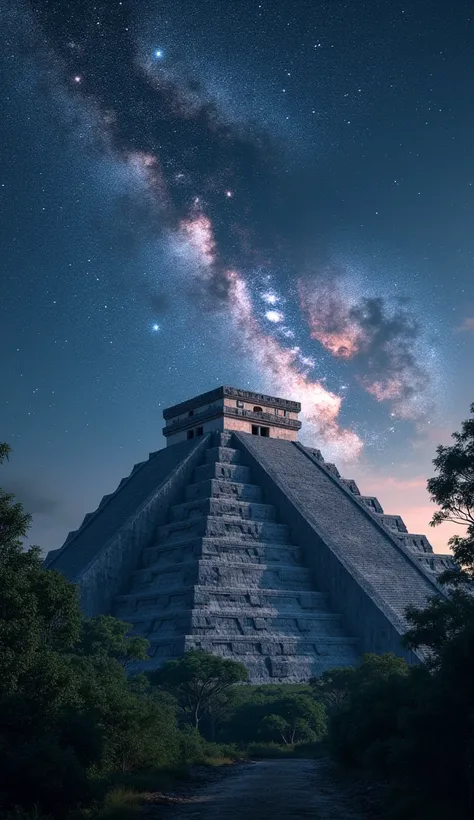  A starry sky above a Mayan pyramid, with the Milky Way shining in the background 