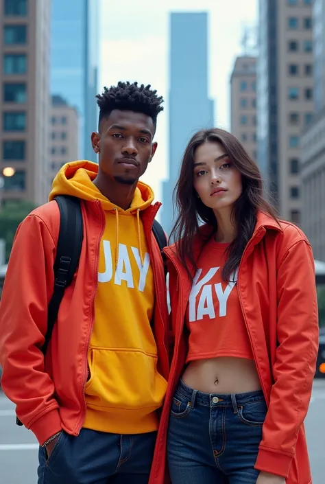 Creat images of a black guy and girl named jay and kay together, the name should be shown on their clothes 