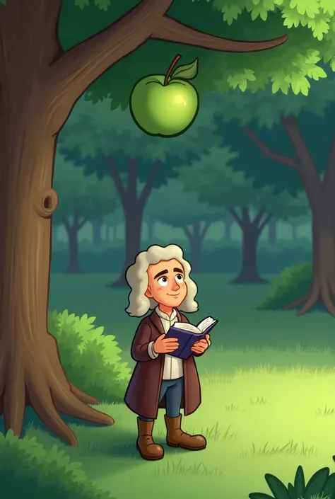 Here is a script for a 1-minute animation about Newton and the apple:

---

Scene 1: A peaceful garden (0-10 seconds)

The camera shows a peaceful garden. The leaves on the trees are moving in a gentle breeze. A large green apple hangs on the tree.

Narrat...