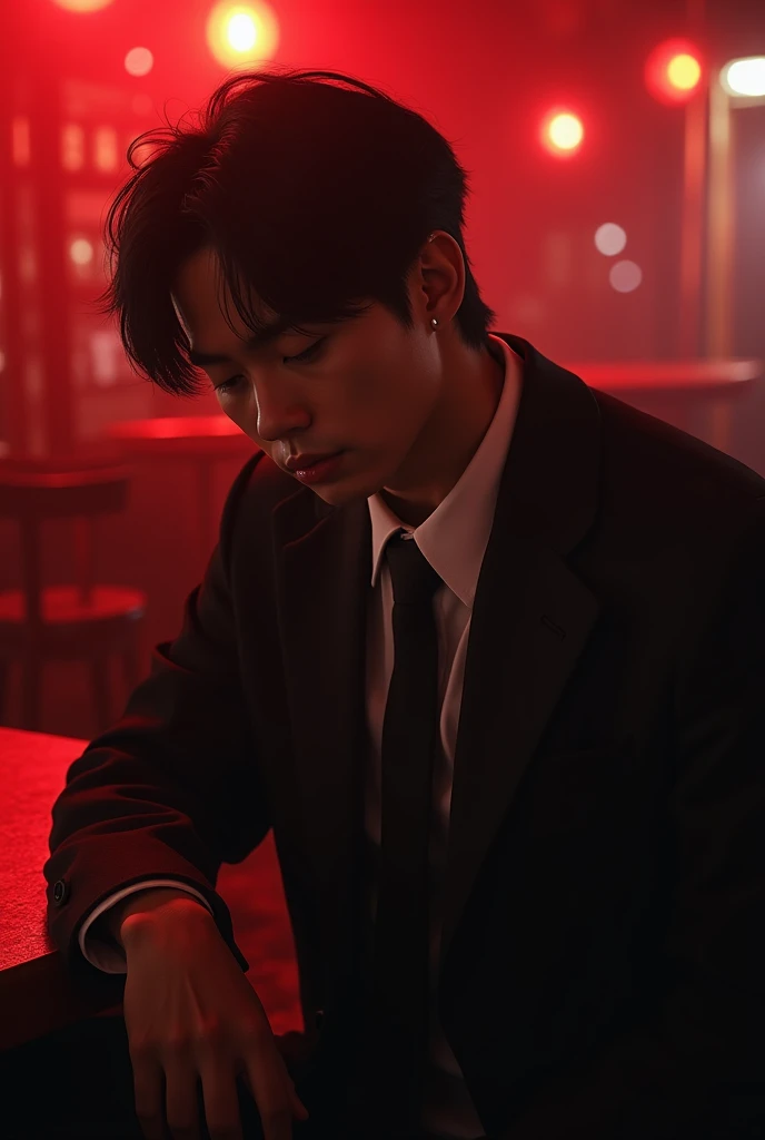 Generate the image of A Korean 21year old with black hair in a bar wearing a suit that is untied and is slumped and drunk with a red hue covering the screen