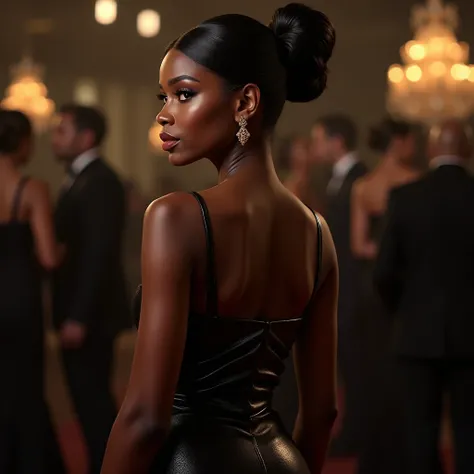 black woman hair in a bun small gold earrings wearing a tight black shiny leather gown at the prom    backside view