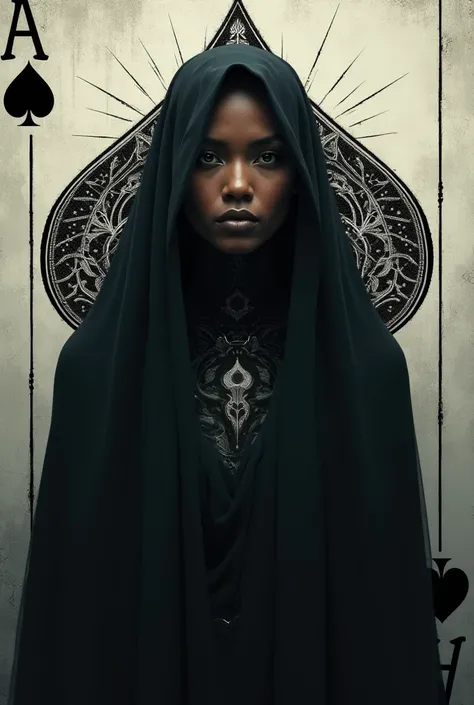 Create me an image with a card of spades background in the middle of a black woman with a veil 