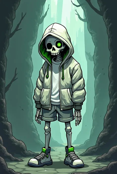  Skeleton in a white zip jacket with green accents and the same shorts, and also wearing a white shirt. one eye is green the other is black . Stil as Undertale