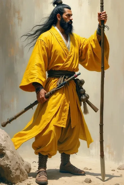 painting of a man in a yellow outfit holding a spear and a staff, sun wukong, wukong, chinese warrior, snow white as a d & d fighter, inspired by Lu Zhi, frank frazetta manga style, by N.C. Wyeth, by N. C. Wyeth, monkey king, frank franzetta, franz frazett...