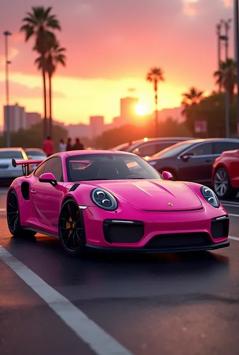 Porsche Pink in a parking lot and a sunset 