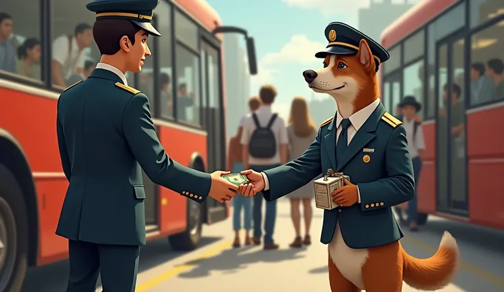 The conductor accepting money from the dog and handing it a bus ticket in return."