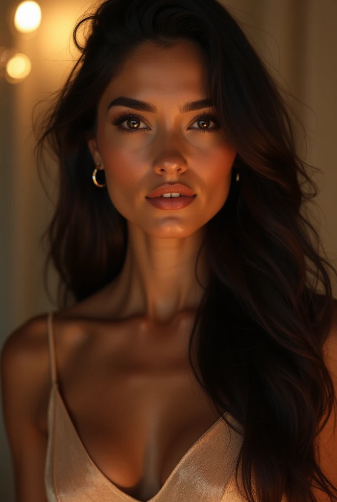 "A stunning, hyper-realistic 4K portrait of a 35-year-old brunette woman with long, flowing dark hair cascading down her shoulders in soft waves. Her facial features are delicately striking, with high cheekbones, a softly contoured jawline, and full, well-...