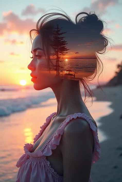  high quality, 8K ultra HD, Una hermosa double exposure que combina una silueta de diosa con la costa al atardecer,  the coast at dusk should serve as a backdrop,  with its details incorporated in the goddess, sharp lines, The background is monochrome,  sh...