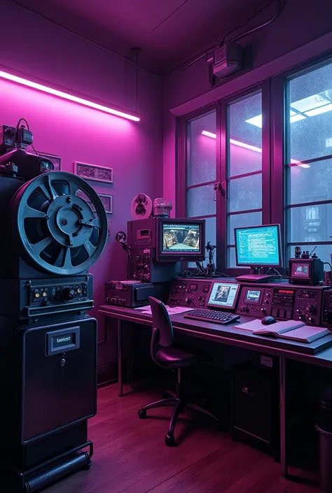  A classic movie editing room ,  blending the nostalgic charm of the analog era with a touch of retro futurism .  The studio is equipped with a Moviola and a Steenbeck , surrounded by rolls of film ,  annotations and cutting tools ,  evoking the atmosphere...