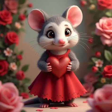 American Possum wearing a red dress, holding a box of heart shaped valentines chocolates. Red roses and pink flowers in the background