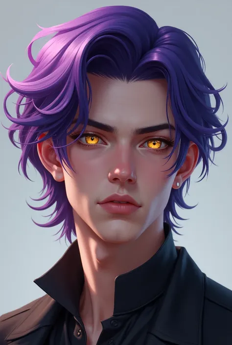 age boy of about 20 years old with purple hair and golden eyes