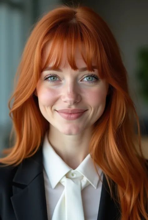  A beautiful fair-skinned woman,  expressive blue eyes,  red-haired with long, slightly wavy hair.  he has an elegant appearance , full of grace and calm, with a subtle and soft smile on my face,  features demonstrating her emotional but controlled persona...