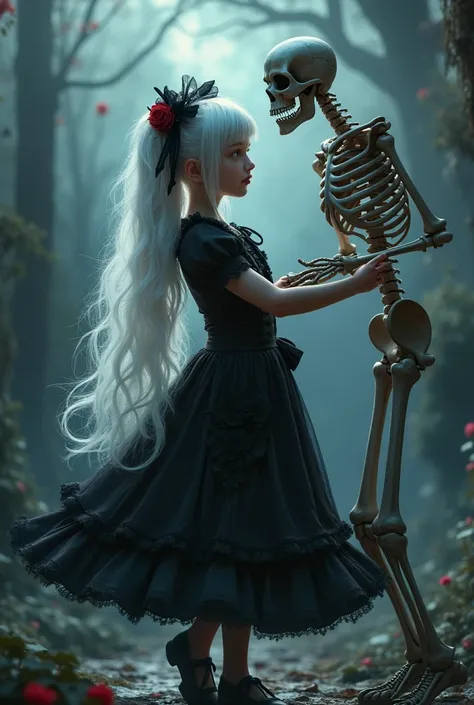 1girl gothic lolita girl red pink eyes long white hair witch dancing with skeleton puppet