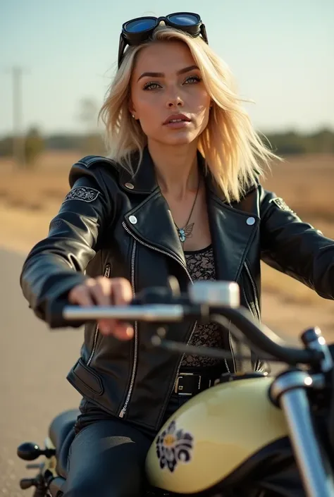 A biker girl wearing a leather jacket with an eagle  , sleeveless  ,  handkerchief with a few natural blonde hair tattoos, Grabbed with a handkerchief ,and some pilot goggles wearing  , on board his vanilla-colored motorcycle  ,On the way to a 