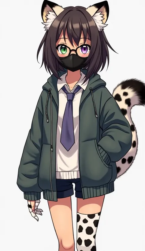 she's a girl, manga style with adorable face with one green eye and the other purple, tan skin, dark brown hair and ties. She wears a black mask with glasses. she wears a practical but at the same time elegant outfit with sneakers and hand bandages and we ...