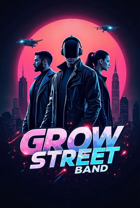 logo " Grow street band " cyberpunk style with a city background 