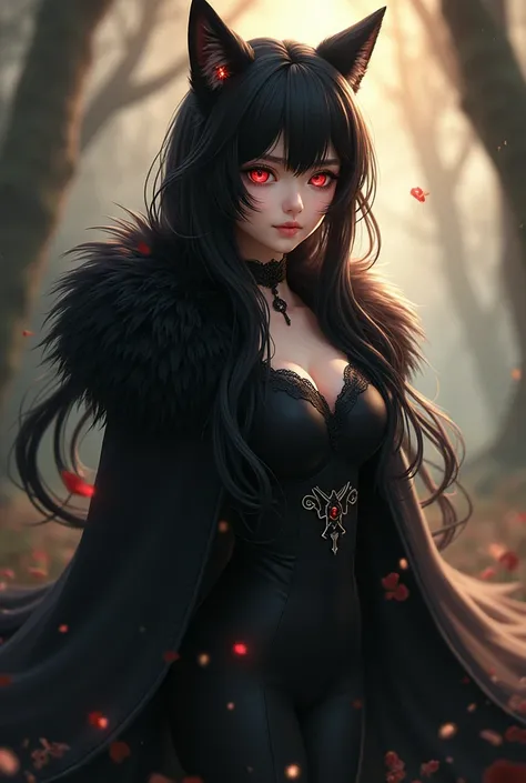 Beautiful anime girl with long black hair,  red eyes,  with black shaggy wolf ears,  in a black dress , black fur cape ,  hyperrealistic,  very detailed, 8 k,  photorealistic ,  intricate ,  cinematic lighting ,   dramatic lighting ,  anime style,  warm co...