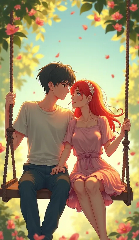 Create an anime image of a couple on a swing 