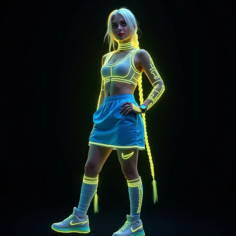 Ukrainian Russian woman, futuristic full body standing image in cyberpunk style of beautiful blonde white Russian woman with phosphorescent neon green braided hair and blue sporty mini skirt with futuristic accessories watch and smartphone, highly detailed...