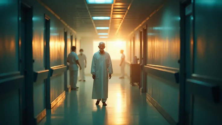 Cinematic film still of a translucent, elderly spirit standing in a hospital hallway as the first light of dawn begins to filter through the windows. The spirit's figure glows faintly, slowly fading into the light, while nurses in the background go about t...