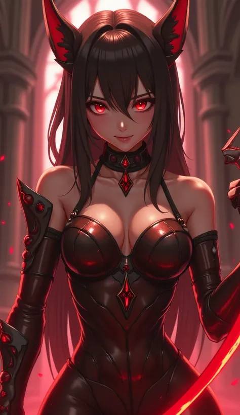 KitKat
A dangerously alluring anime antagonist with a sharp, symmetrical look. The zoomed-in face portrait reveals smooth chocolate-brown skin, piercing ruby-red eyes, and sleek, angular hair cut into sharp layers resembling KitKat bars. Her half-body armo...