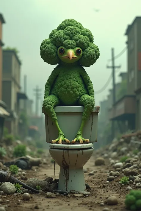 broccoli bird in the middle of the apocalypse on the toilet