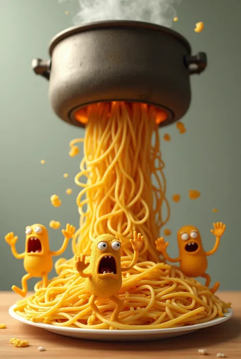 "A table with a plate of spaghetti noodles that have human-like eyes, hands, and feet, running away from a hot pot of boiling water that is about to fall onto them.

