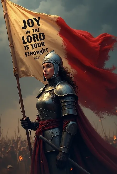  Create Joan of Arc logo on a flag with her background image and the phrase she says "Joy in the Lord is your strength :