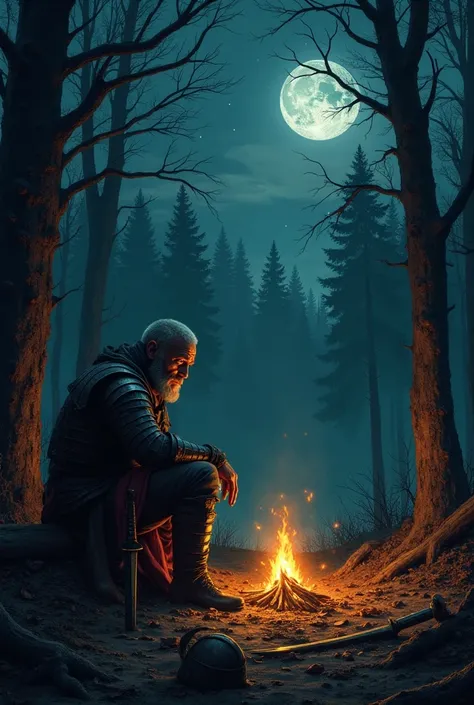 a lone warrior,  wearing worn armor covered with battle scars ,  is sitting in the forest in front of a small fire . His gaze is melancholic and lost , reflecting sadness and nostalgia.  The orange glow of the bonfire illuminates his tired face ,  as shado...