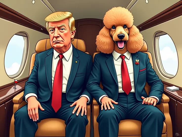 Donald trump and big white male poodle dog wearing suit , they are both seated in a private jet, adult cartoon theme