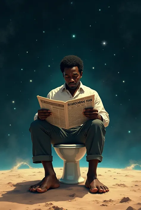 a black man sits on a toilet in space with big feet and reads a newspaper