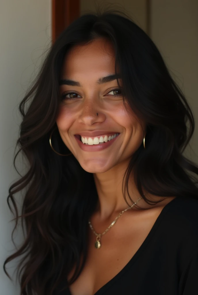 smiling woman with black hair and a black top in a room, a picture by Nándor Katona, instagram, tachisme, 3  brazilian mother, looks like fabiula nascimento, malika favre, profile picture, profile image, happily smiling at the camera, 30-year-old woman fro...