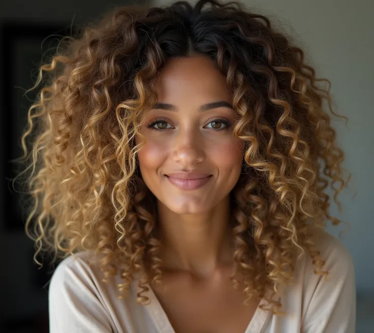 "A realistic portrait of a woman with thick, curly hair cascading over her shoulders. Her hair has a mix of gold and brown highlights, creating depth and texture. She has a calm, thoughtful smiling expression with soft makeup and natural beauty. She is wea...