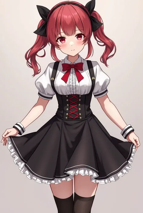 A girl wearing a doll outfit which reaches her upper thighs and wears knee high socks and school girl shoes and suspender belt below the dress, a corset and net balloon sleeves and has hair in two pigtails with a black hairband all in black and white and r...