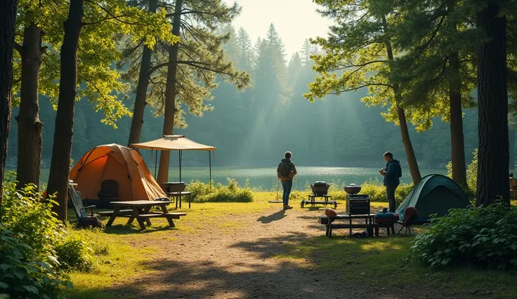 A calm and peaceful campsite nestled in the forest, with park benches and barbecue grills in the central area. It's a warm afternoon, and a beginner hiker sets up their tent beside several other campers. The forest around is lush and green, sunlight filter...