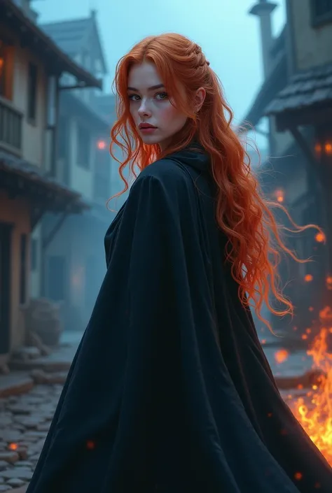 25, young seductive redblonde female Witch apprentice, winter, flames in brown eyes, black cloak, confident face, delicate detail. ultra details. highly detailed characters, dark atmospere, in the background a mediaval village, witch fight vs. Ghost Enemy,...