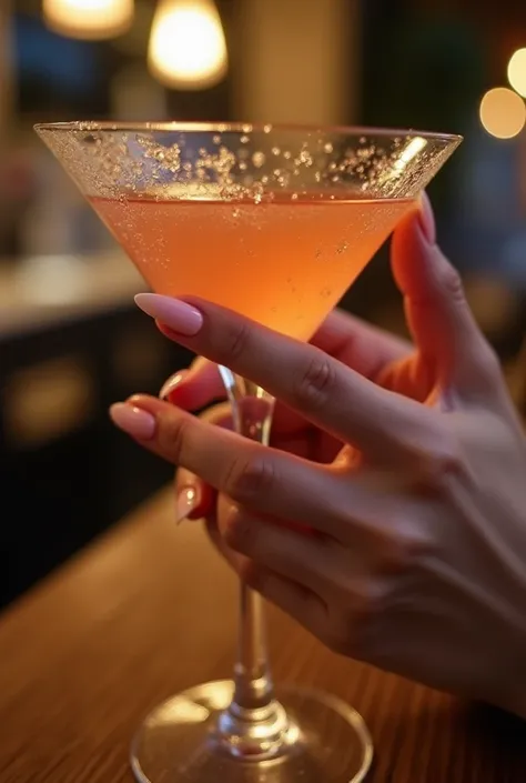 Close-up of the model's well-groomed hand, holding a drink in an elegant glass (like a martini glass or a long glass for tropical drinks). The photo is taken by the model herself, as if it were a selfie, with the perspective of someone holding the cell pho...