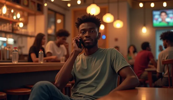 African man aged 18 in casual clothes sits talking to phone environment bar