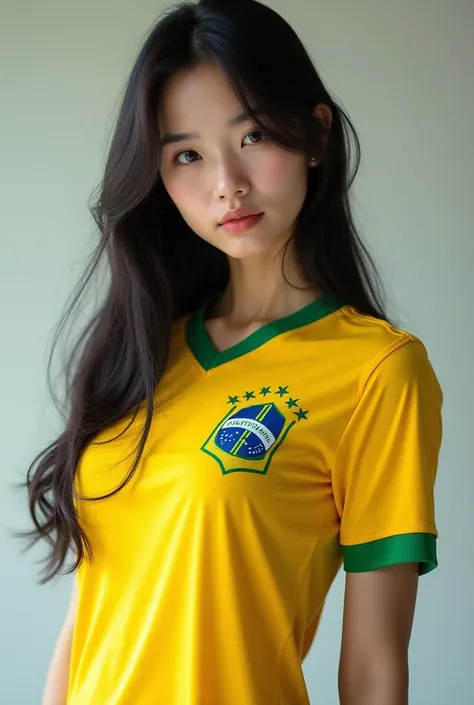 Japonês girl, with Brazil shirt, big breasts, High quality, ultra realistic.